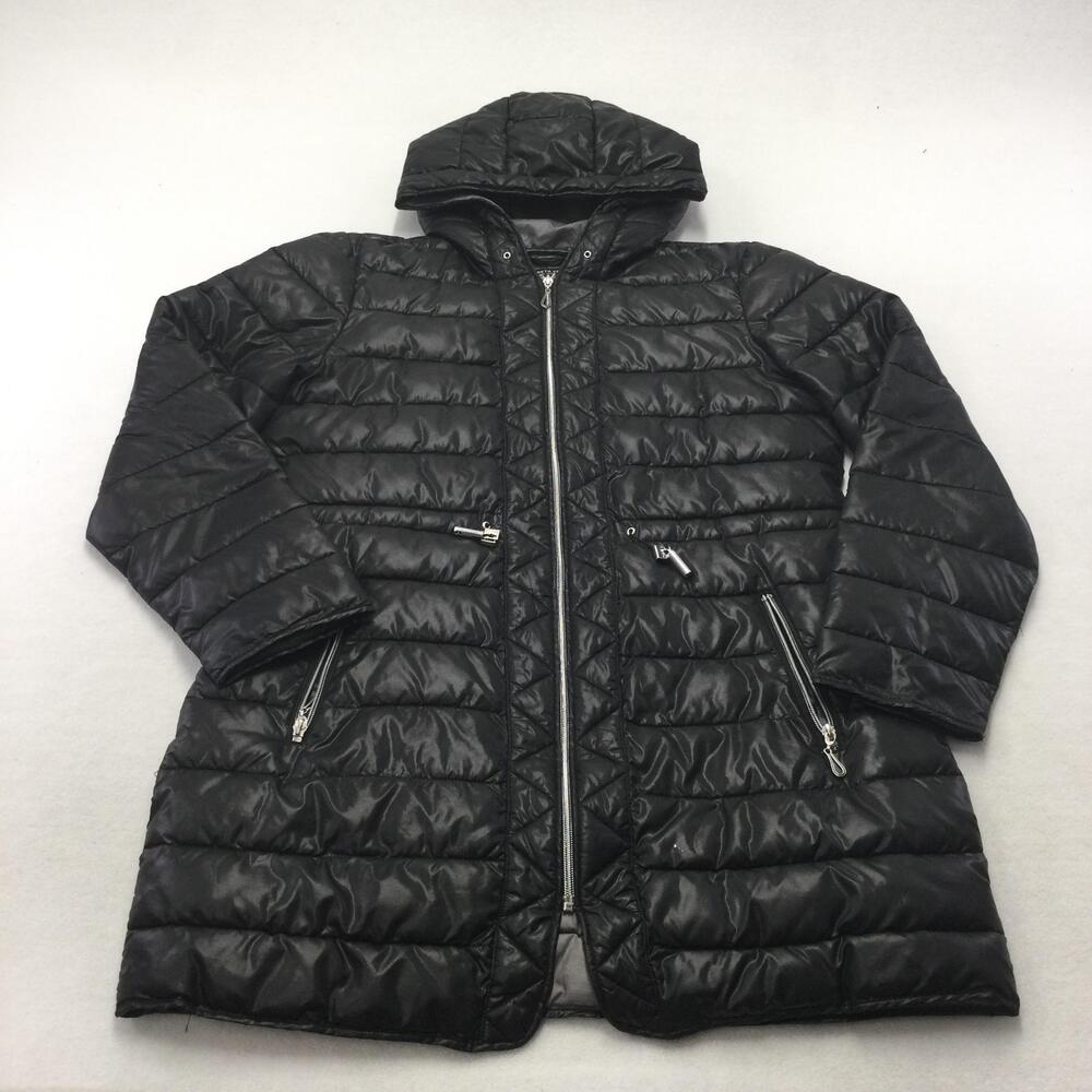 Kenneth Cole Coat Womens Large Black Hooded Puffer Quilted Full Zip Winter Coat
